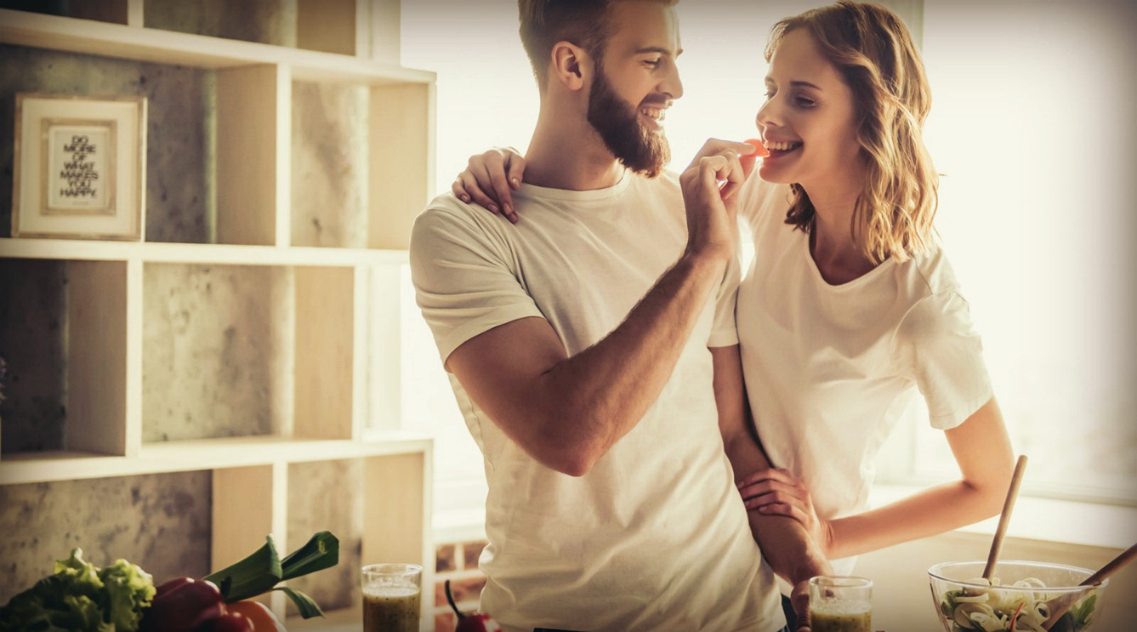  Couple cooking healthy food in kitchen