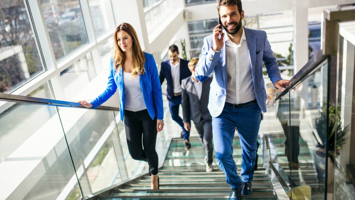  workers walking up stairs