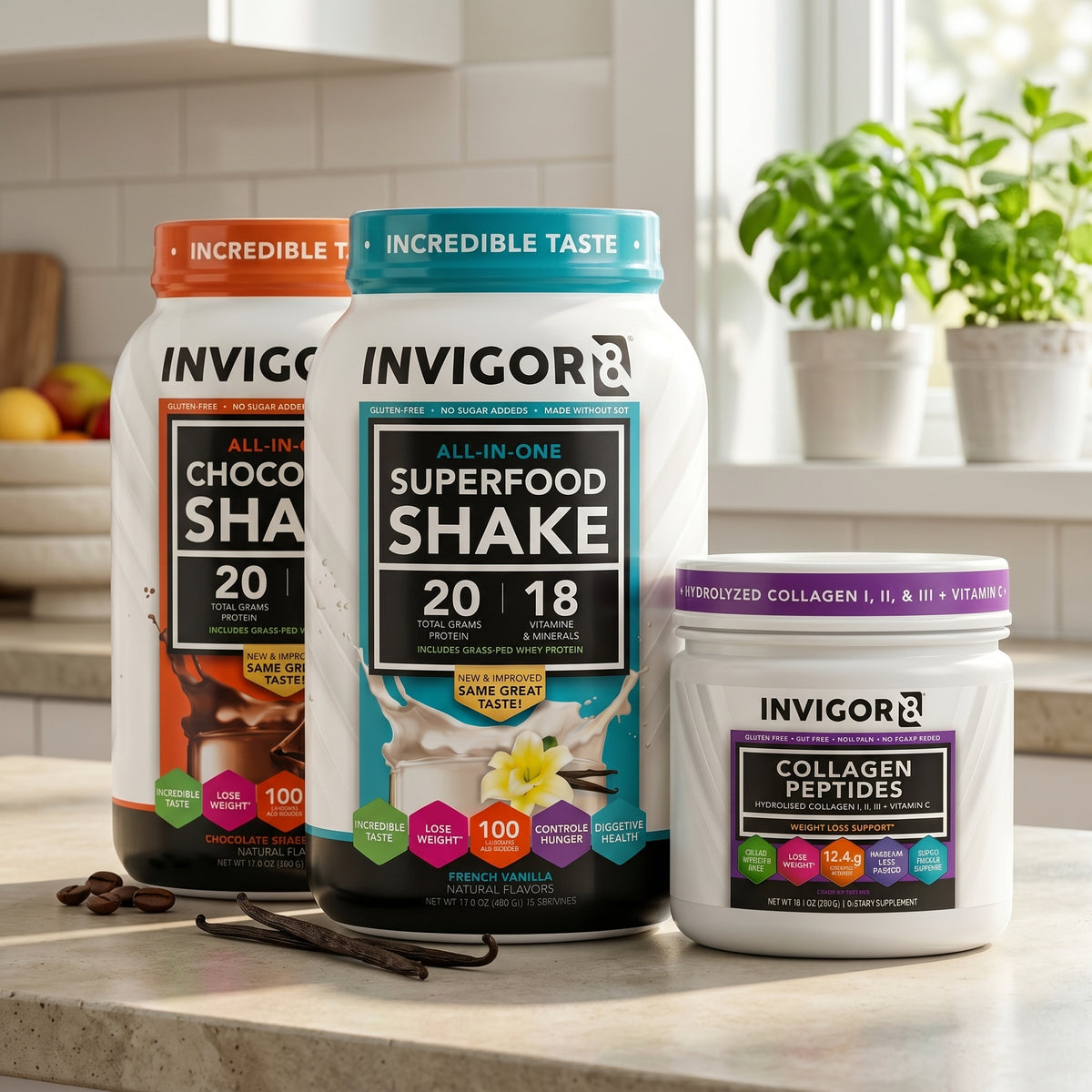  INVIGOR8 Daily Longevity System — Superfood Shakes + Collagen Bundle